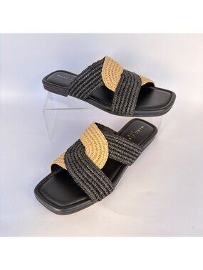 Marc Fisher Navie Slip-On Sandals Raffia Black Natural Slides Size 8.5